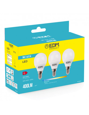 Kit 3 ampoules led sphériques e14 5w 400lm 6400k lumière froide ø4.5x8cm edm