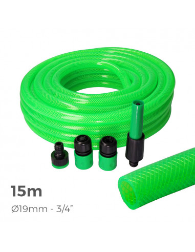 Kit tuyau d'arrosage anti-torsion ø intérieur 19mm ø extérieur 25mm (3/4") - rouleau 15m avec accessoires edm