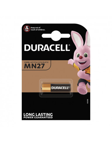 Pile alkaline duracell long lasting power a27/v27a - mn27 12v (blister 1 unit) ø8x28,2mm