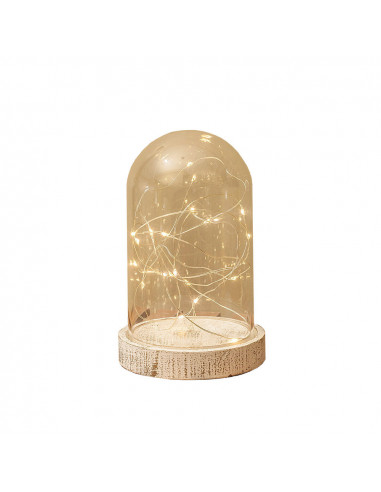 Cloche en verre décorative vintage base en bois 20 leds ø10x16cm à piles 3xaaa