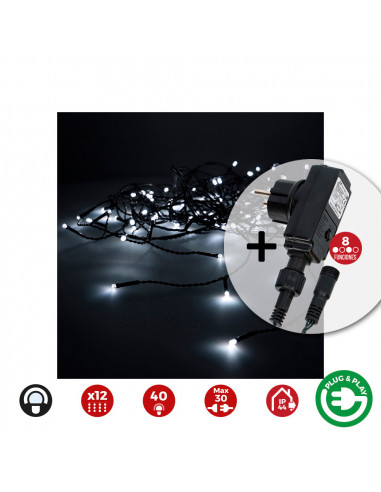 Rideau icicle avec programmeur easy-connect 2x0,5m 12 bandes 40 leds blanc froid edm
