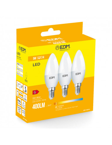 Kit 3 ampoules bougie led e14 5w 400lm 3200k lumière chaude ø3.6x10cm edm