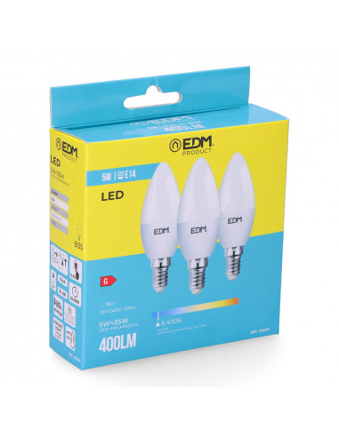 Kit 3 ampoules bougie led e14 5w 400lm 6400k lumière froide ø3.6x10cm edm