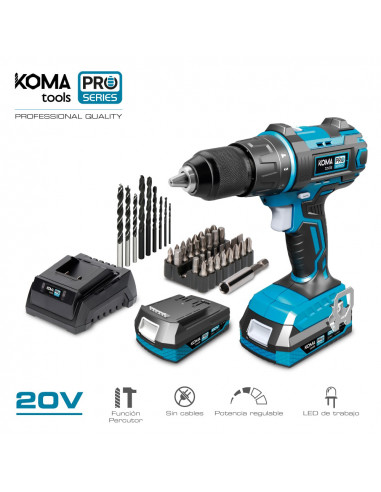 Kit perceuse/visseuse 20v avec 2 batteries 2.0a et chargeur de batterie 22,5x20,3cm pro series koma tools