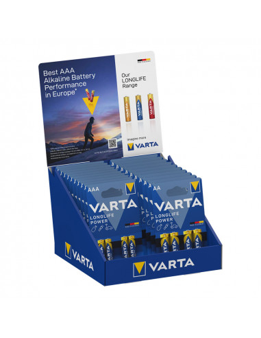 S.of presentoir carton de table piles varta "long life" 10 blisters de 4xaaa lr03 + 10 blisters de 4xaa lr06 varta 27x18x17cm