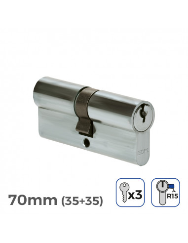 Cylindre de porte à nickel 70mm (35+35mm) largeur de came r15 avec 3 clés inclus edm