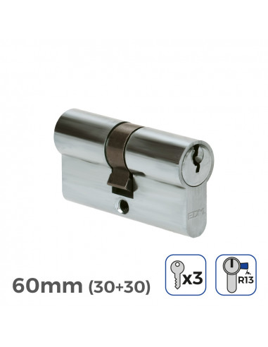 Cylindre de porte à nickel 60mm (30+30mm) court cam r13 avec 3 clés inclus edm