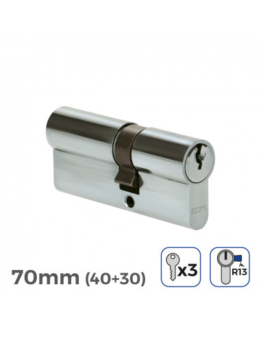 Cylindre de porte à nickel 70mm (40+30mm) court cam r13 avec 3 clés inclus edm