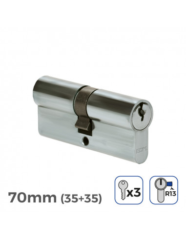 Cylindre de porte à nickel 70mm (35+35mm) court cam r13 avec 3 clés inclus edm
