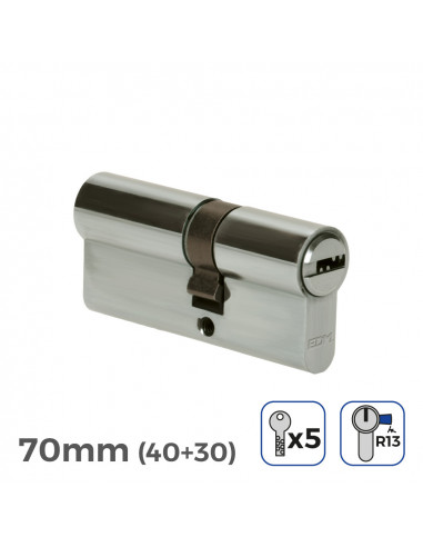 Cylindre de porte à nickel 70mm (40+30mm) avec 5 clés de sécurité inclus edm
