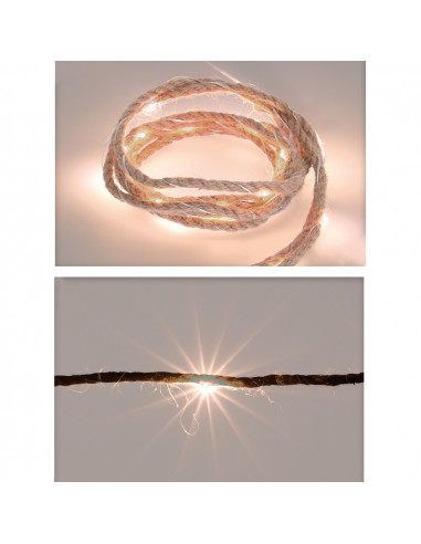 Guirlande fixe a piles 10 leds corde de jute lumière blanche chaude 1,10m