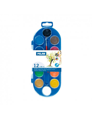 Etui de 12 pastilles d'aquarelle 30mm avec pinceau milan.