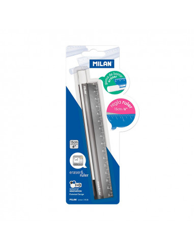 Blister gomme + regle metallique 15cm milan
