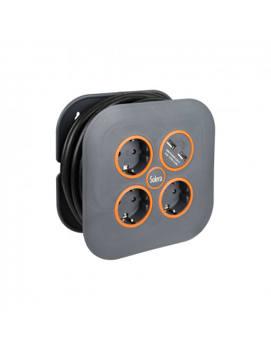 Enroule-cable avec 3 fiches 2p + t et 2 entrees usb solera 7321usb