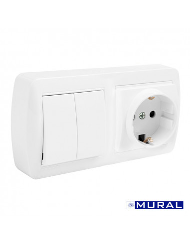 Base bipolaire schuko t/tl, double commutateur et avec obturateur 148x72x42mm s.mural solera mur36u