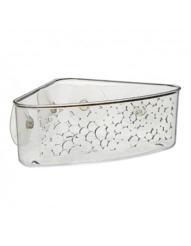 Panier d'angle en plastique transparent pour salle de bain avec ventouses modele galet.