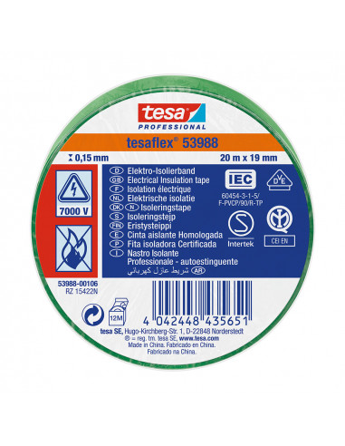 Ruban isolant homologué vert 20m x 19mm 53988 tesa