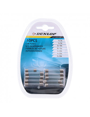 Jeu de 10 fusibles en verre assortis pour voiture dunlop