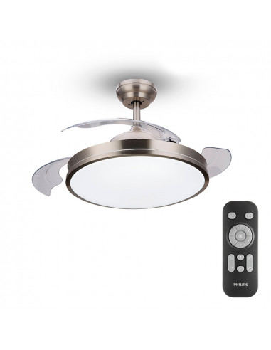Ventilateur de plafond à led modèle atlas nikel puissance: 28+35w palmes: ø106cm avec télécommande philips