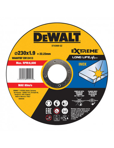 S.of. disque à coupe rapide en acier inoxydable avec grain professionnel 230x1,9x22,23mm dt43909-qz dewalt