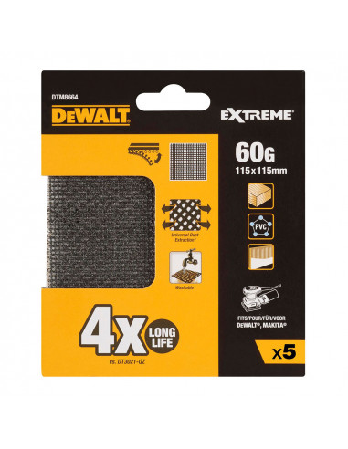 S.of. pack 5 ponceuses mesh 1/4 115x115mm 60 grain pour ponceuses orbitales dtm8664-qz dewalt