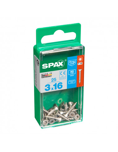 Boîte 25 unités. vis a bois spax cab. plat inox a2 3.0x16mm spax