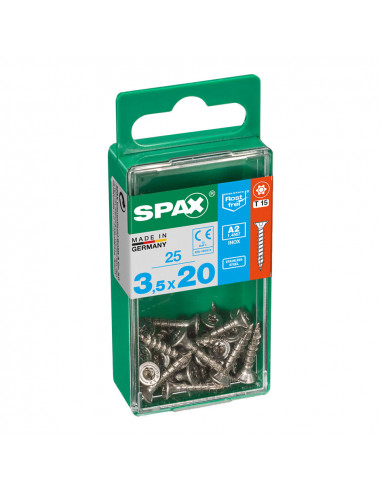 Boîte 25 unités. vis a bois spax cab. plat inox a2 3.5x20mm spax