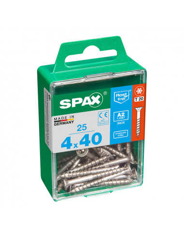 Boîte 25 unités. vis a bois spax cab. plat inox a2 4.0x40mm spax