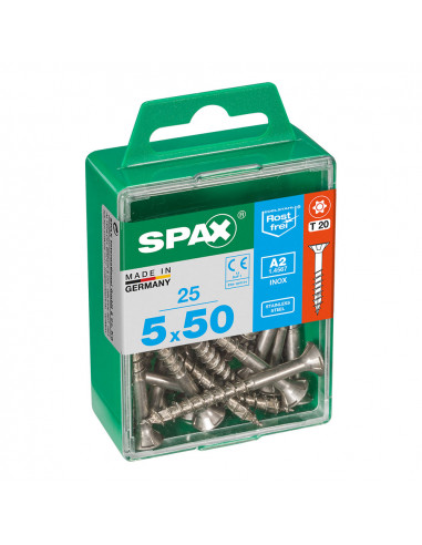 Boîte 25 unités. vis a bois spax cab. plat inox a2 5.0x50mm spax