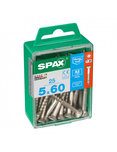 Boîte 25 unités. vis a bois spax cab. plat inox a2 5.0x60mm spax