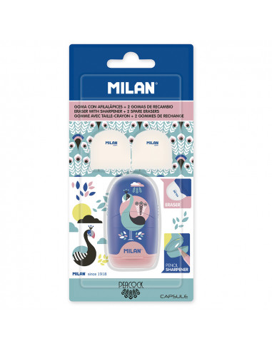 Blister aiguiseur capsule peacock + 2 gommes de rechange milan