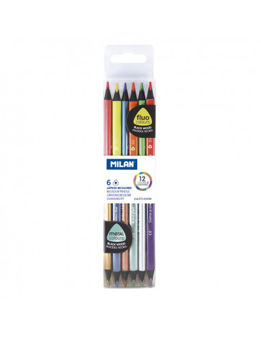 Coffret de 6 crayons triangulaires bicolore en bois noir (couleurs fluo + métalliques) milan