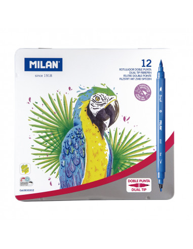 Coffret métallique de 12 marqueurs à pointe fine ø2mm double - pinceau milan