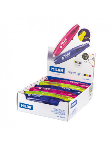 Boîte présentoir 12 rubans correctifs avec bouton-poussoir 5mm x 6m série acid milan
