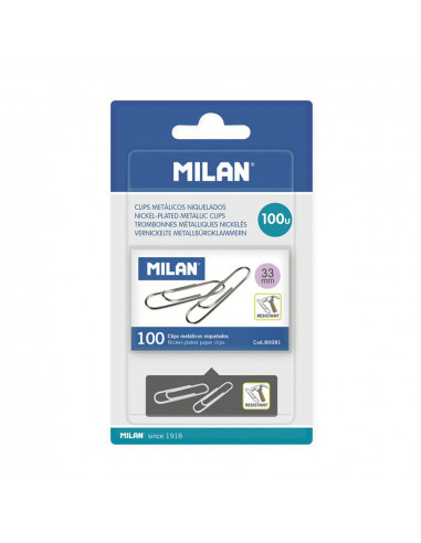 Blister 1 boite 100 clips métalliques 33mm milan