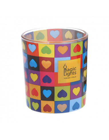 Bougie en verre pop art ø7.5cm h8.4cm coeurs magic lights