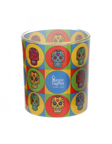 Bougie en verre pop art ø7.5cm h8.4cm skull magic lights.