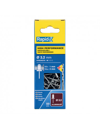 Blister 50 rivets ø3.2x6mm. alu + embout 5001528 rapid