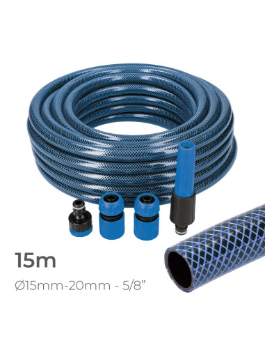 Kit de tuyau d'arrosage bleu interior ø15mm exterior ø25mm (5/8") rouleau 15m avec accessoires edm