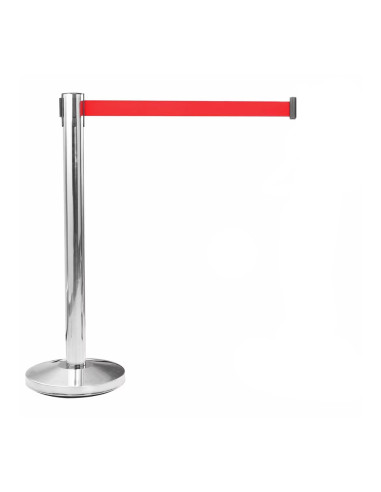 Poteau d'espacement en acier inoxydable avec ruban rouge extensible 2m x 5mm.