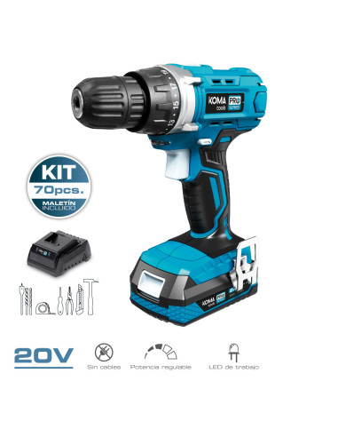 Kit perceuse visseuse avec 70 accessoires 20v avec batterie et chargeur koma tools.