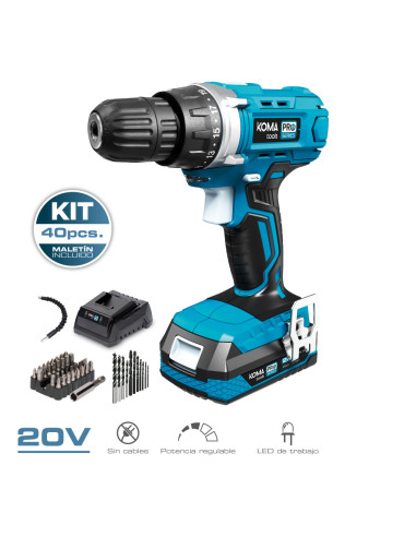 Kit perceuse visseuse avec 40 accessoires 20v avec batterie et chargeur koma tools