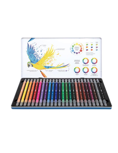 Coffret metal avec 24 marqueurs de double pointe fine - pinceau milan