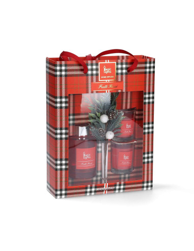 Boîtier diffuseur mikado + 2 bougies magiques lumières fruits rouges