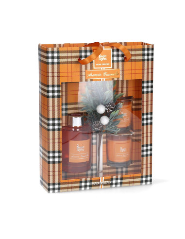 Étui diffuseur mikado + 2 bougies magic lights orange-canelle