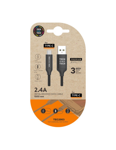 Câble nylon noir (usb-a vers usb-c), 1m 2a tech one tech