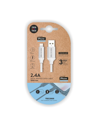 Câble nylon blanc (usb-a vers lightning/apple) 1m 2a tech one tech
