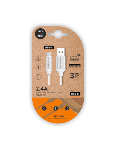 Câble nylon blanc (usb-a vers usb-c), 1m 2a tech one tech