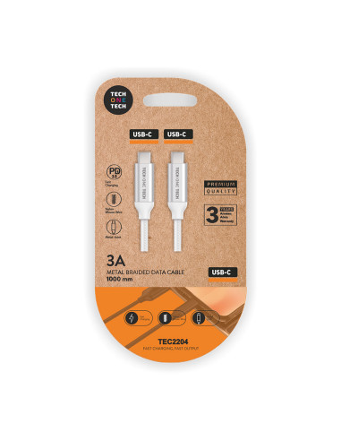 Câble pd blanc (usb-c vers usb-c) nylon, 1m 3a tech one tech