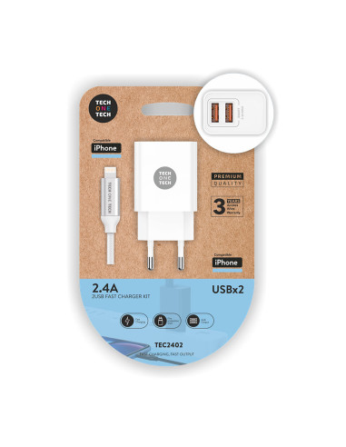 Double chargeur blanc + câble nylon lightn/apple 2.4 tech one tech